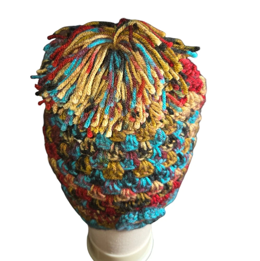 Hand Crafted Red, Gold & Turquoise Flower Accented Pom-Pom Beanie Hat‎ ONE SIZE